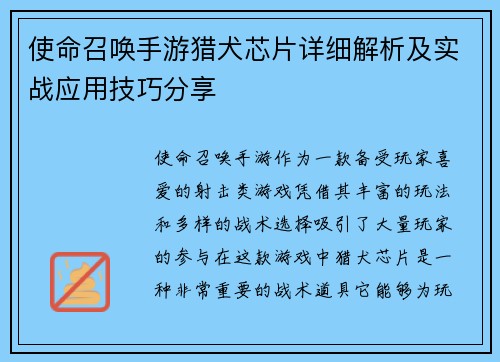 使命召唤手游猎犬芯片详细解析及实战应用技巧分享