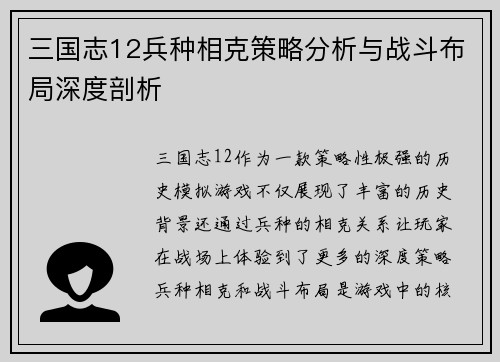 三国志12兵种相克策略分析与战斗布局深度剖析